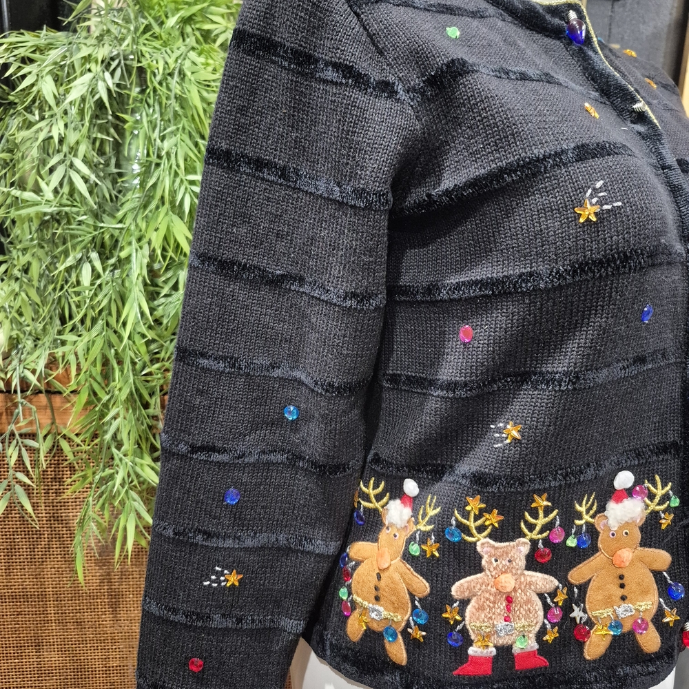 Festive Black Holiday Jacket with Embroidered Reindeer - Picture 4 of 14